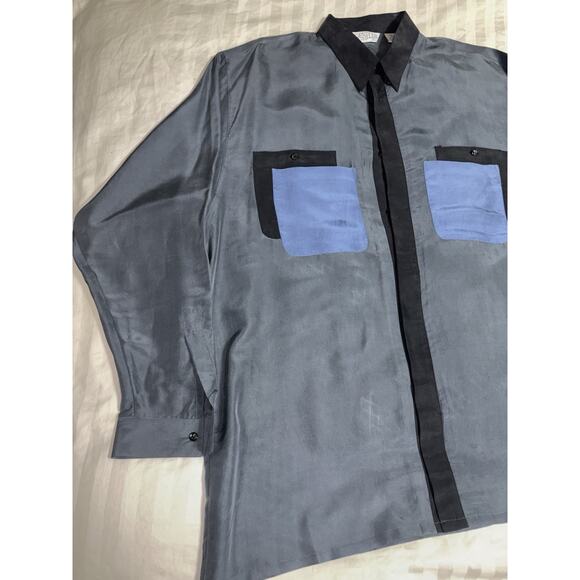 VINTAGE MENS GENELLI Blue Gray SILK SHIRT 100% Silk XL - Picture 8 of 9